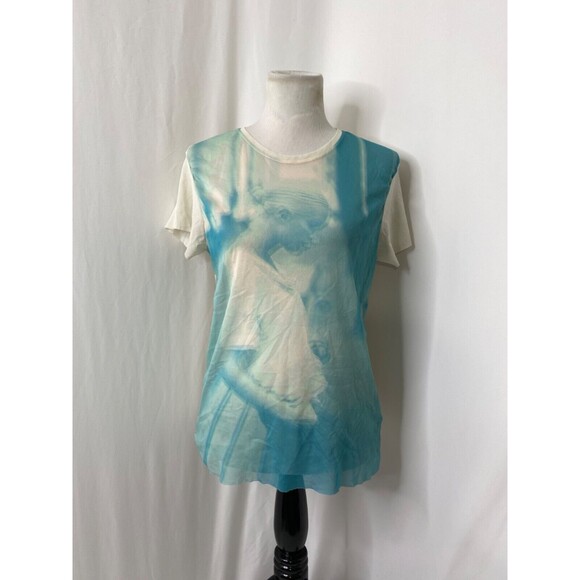 Womens Large Shirt Zara Basics Collection Blue White See Through Negative Print - Picture 2 of 11